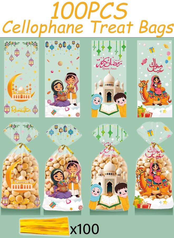 100 قطعة من أكياس السيلوفان المربعة المخصصة للمهرجانات مع أربطة ذهبية ملتوية، وأكياس حلوى بتصميم كرتوني للأعياد والحفلات وأعياد الميلاد للأطفال وتغليف الهدايا اليدوية واحتفالات العيد - Image 1